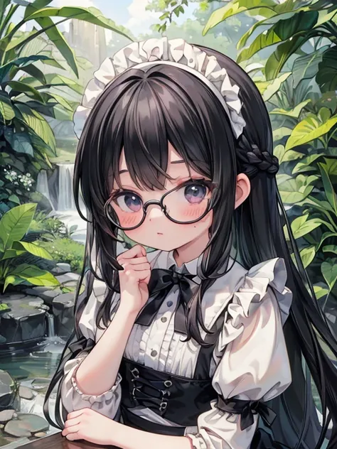 8k, (Romanticism:1.8), 9-year-old girl, black eye, Glasses, Black Hair, Long Hair, Braid, Black maid outfit, in the forest, stream