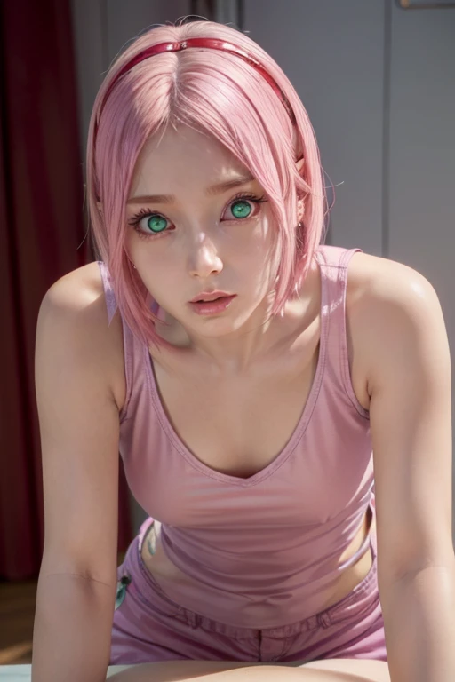 young woman, short shoulder-length pink hair, wide forehead, porcelain skin, pink eyebrows, big emerald green eyes, buttoned nose, full lips, heart-shaped face, slender body, small breasts, red tank top, Sakura Haruno , realistic, realism, details, 3d, wel...