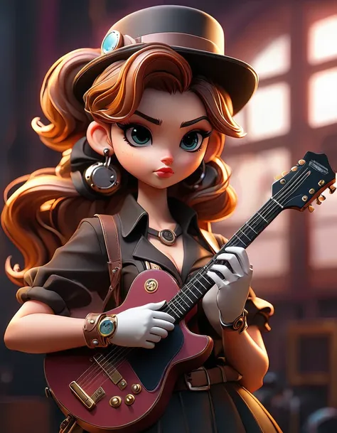 Steampunk style JK girl，Holding a shiny guitar，There is a blurry black shadow standing behind me，beautiful，Celluloid style，Flat coating，HD，3D，comics，8K，high quality，illustration，Vaporwave style，Rim Light，light，Super detailed，complicated，overclocked rendere...