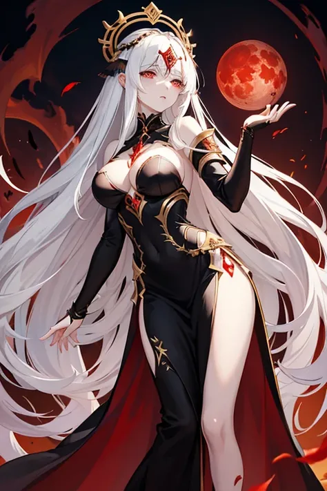 Goddess of the apocalypse with long white hair, pale skin, blood red eyes, large breasts, long black dress with gold stitching on the sides, apocalyptic wasteland with a blood moon in the sky, black blindfold 