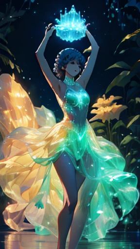 dancing princess, flowers, pastel glowing outfit, dark background, bioluminescent plants, close-up, crown, crystals