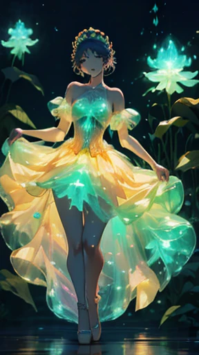 dancing princess, flowers, pastel glowing outfit, dark background, bioluminescent plants, close-up, crown, crystals