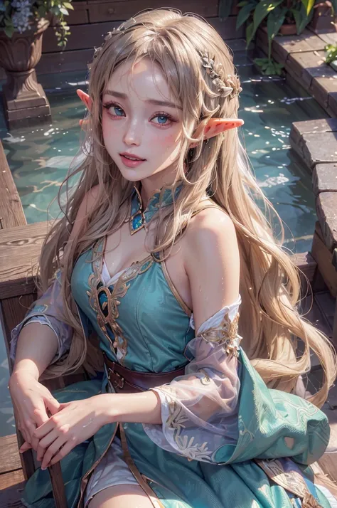 (highest quality, masterpiece:1.3), shape, ((Beautifully detailed face)), Beautiful and detailed skin, Intricate details, Very detailed, Best image quality in 8K, Mysterious figure,Fantasy World,A world of swords and magic,(lake:1.5),(18-year-old elf woman...