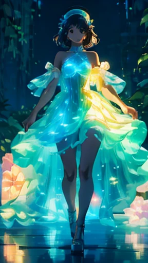 running princess, flowers, pastel glowing outfit, dark background, bioluminescent plants, close-up, crown, crystals