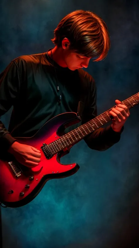 a male guitarist playing an electric guitar, detailed face and hands, dramatic lighting, cinematic composition, moody atmosphere...