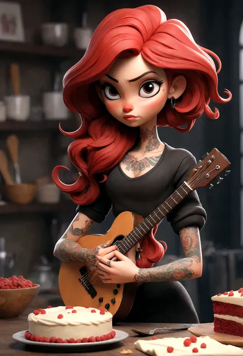 A tattooed woman，（[red|black]hair），Long hair，穿着black色围裙，Holding a shiny guitar，kitchen，Cake and pie on background，indoor，（Soothing tones：1.0），（hdr:1.25），（Art Desk：1.2），Dramatic，（Intricate details：1.14），（Surreal 3D rendering：1.16），：0.55，（rutkowski：1.1），（fad...