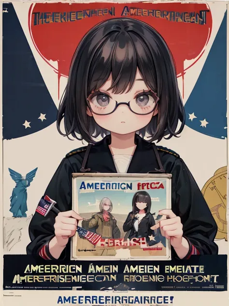 8k, (American propaganda poster:1.8), 9-year-old girl, black eye, Glasses, Black Hair