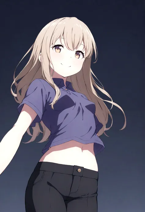 1girl, long light brown hair, small boobs, purple shirt, black pants, smiling 