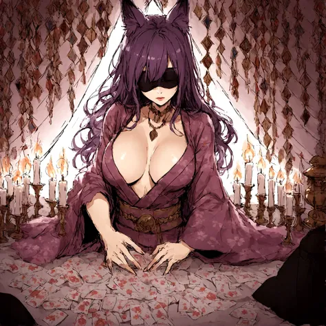 a sexy milf with a blindfold on, has very long purple hair, breasts, showing cleavage, has fox ears, wearing sakura kimono, in a gypsy tent, reading a crystal ball and surrounded by tarot cards, surrounded by candles