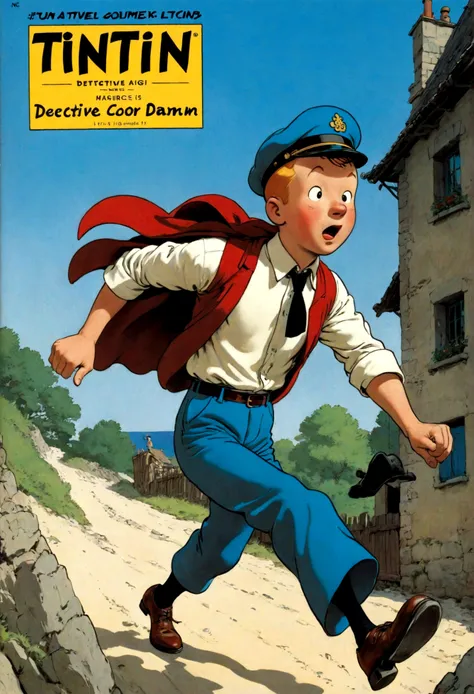 1 boy, tintin, "tintin历险记", hergé style, detective hat, running, magazine cover, magazine title, dynamic poses, drama, movie cam...