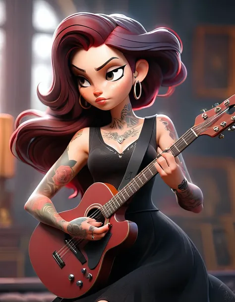 a woman with tattoo, (([red|black] hair)), long hair, Wearing a black dress and performing with a shiny guitar,  indoors, (soothing tones:1.0), (hdr:1.25), (artstation:1.2), dramatic, (intricate details:1.14), (hyperrealistic 3d render:1.16), (filmic:0.55)...