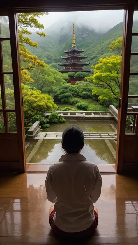 into mountains top huge temple,morning,rainy,leaves,looking down outside from Windows,zoom up leaves,emotional,