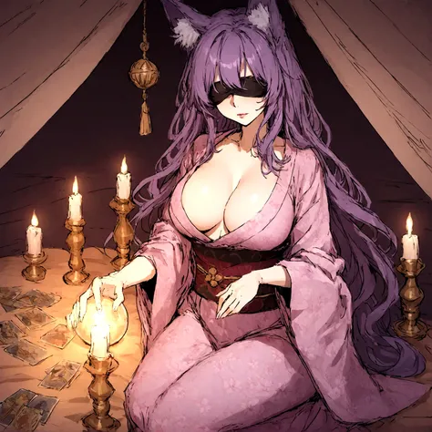 a sexy milf with a blindfold on, has very long purple hair, breasts, showing cleavage, has fox ears, wearing sakura kimono, in a gypsy tent, reading a crystal ball and surrounded by tarot cards, surrounded by candles