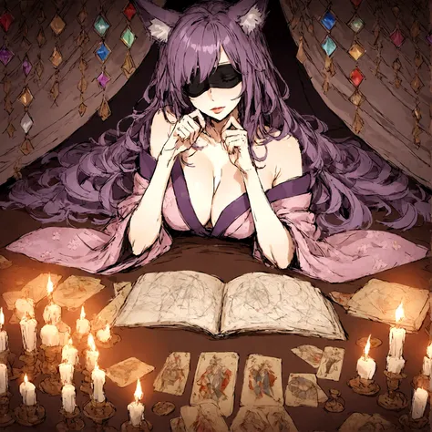 a sexy milf with a blindfold on, has very long purple hair, breasts, showing cleavage, has fox ears, wearing sakura kimono, in a gypsy tent, reading a crystal ball and surrounded by tarot cards, surrounded by candles