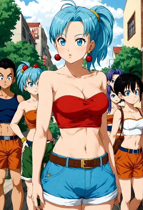 score_9, score_8_up, score_7_up, break bulma, blue eyes, blue hair,bare shoulders, belt, cleavage, hair bobbles, hair ornament, ...