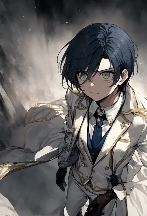 Ciel Phantomhive Wearing a Holy Suit and Tie with a coat that reaches the ground , wearing Leather winter gloves. with a Stoic Expression