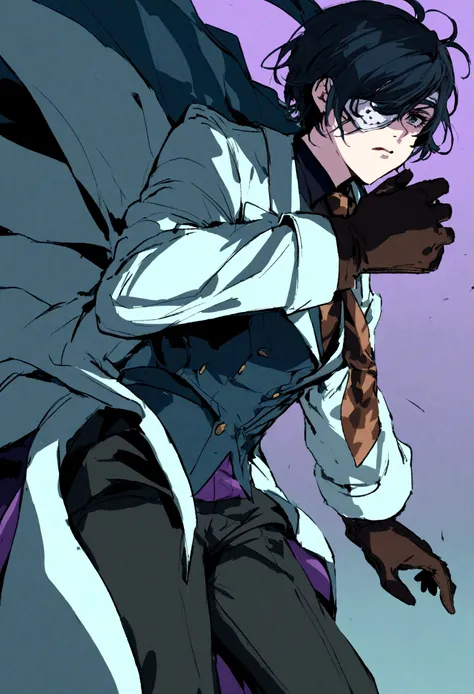 Ciel Phantomhive Wearing an Eyepatch and a Holy Suit and Tie with a coat that reaches the ground , wearing Leather winter gloves. with a Stoic Expression