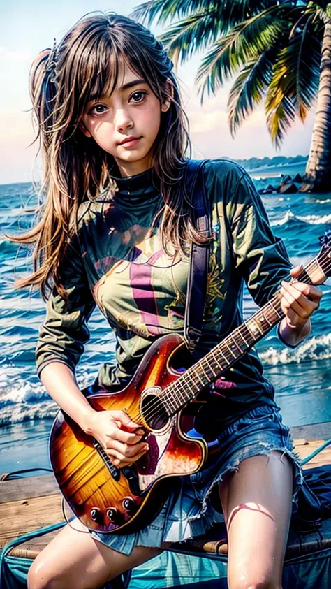 a beautiful young female idol guitarist on the beach, detailed face, beautiful eyes, detailed nose and lips, long eyelashes, del...