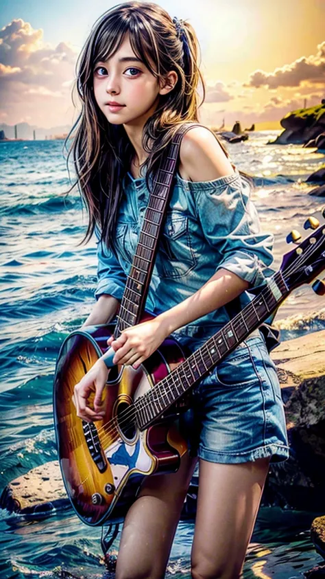 a beautiful young female idol guitarist on the beach, detailed face, beautiful eyes, detailed nose and lips, long eyelashes, delicate features, flowy hair, playing an electric guitar, standing on the shore with the ocean in the background, golden hour ligh...