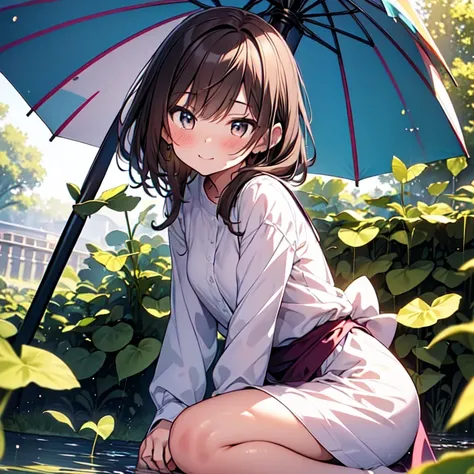 highest quality, masterpiece, Ultra-high resolution, 8k,
Rainy Sky,garden,(((Girl 1,Tiny frog 1))),Morning glories grow to waist height,(((There is a tiny frog on a morning glory leaf))),((A girl crouches under an umbrella and looks at a tiny frog)),(((loo...