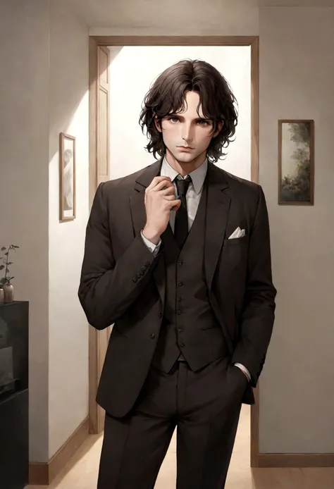 (traje de etiqueta para hombre), ), (con poca barba,) (ojos color cafe claro), Aspecto atractivo y serio, Dark brown hair, Elegante y con estilo, Un hombre similar al actor Jim Morrison, (Imagen realista y de alta calidad), Apartamento escandinavo en el fo...