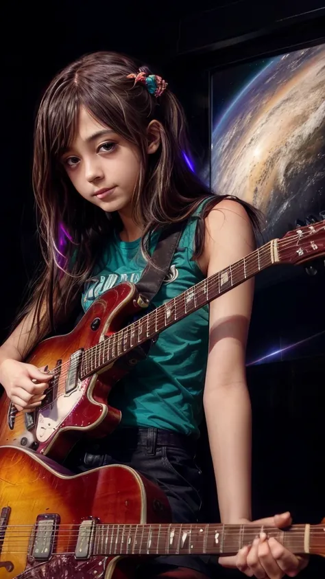 a beautiful young female idol guitarist in space, stunning detailed portrait, long flowing hair, playing an electric guitar, cosmic environment, glowing neon lights, sci-fi atmosphere, vibrant colors, dramatic lighting, photorealistic, cinematic, masterpie...