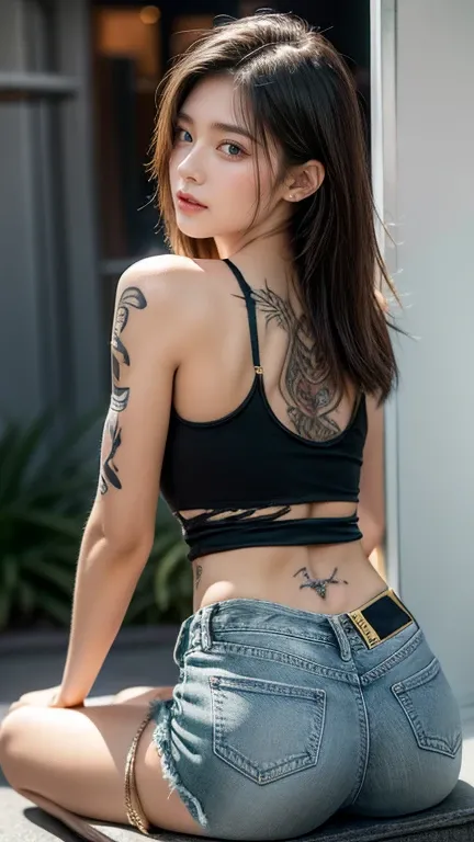 young girl (21 years old), (perfect face.), fit the body (tattoo designs), (rock style), (green eyes), (full body close up), (tired: black band shirt, Torn jeans shorts), (gold color, short straight hair ), (medium sized, stomach wide open, Model, Sagging ...