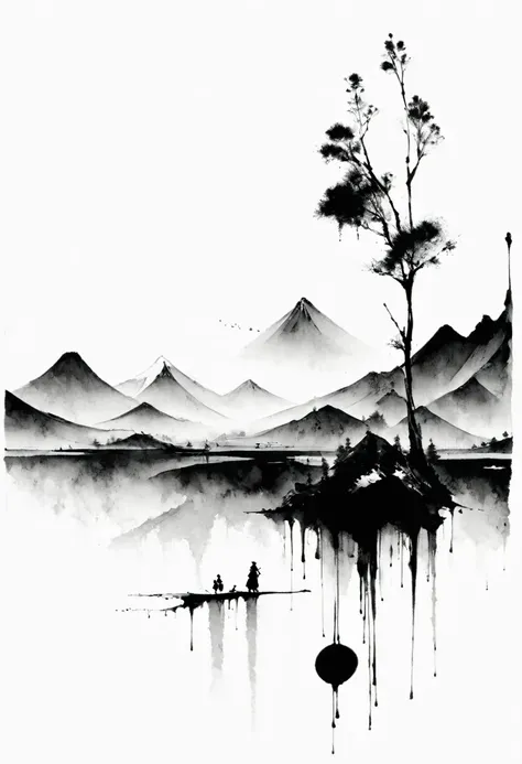 (Lots of white space:1.5)，(Lots of white space:1.6), White background, simple, Minimalism, abstract,Freehand，Aesthetic，black and white，Ink Painting，antiquity，Mountain，People in the distance