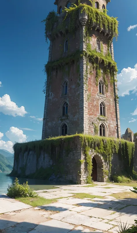 Overgrown, old, abandoned, castle fortress, realistic, lakeside, hyper realistic