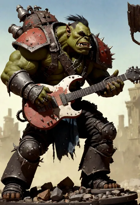 warhammer ork guitarist, (huge, muscled, battle scarred, wastelander scrap armor), very aggressively performing
