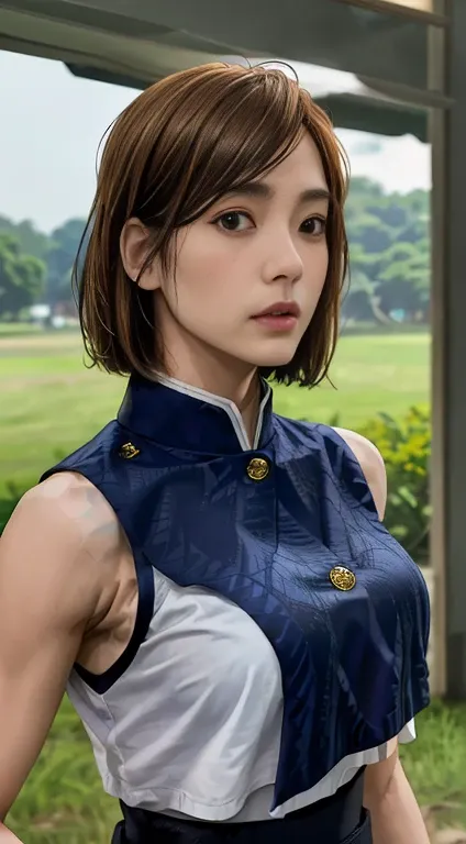 1girl, cowboy shot, beautiful NobaraJK, school_uniform, bangs, jacket,, volumetric lighting, best quality, masterpiece, intricate details, tonemapping, sharp focus, hyper detailed, trending on Artstation, realistic, japanese, sleeveless, armpits visible