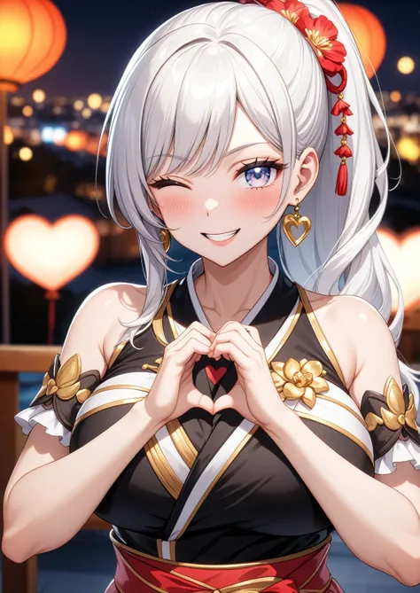 ((one personの女性)), Beautiful Face,Laughing embarrassedly,((Wink:2.0)),Laughing with your mouth open,((Bright red cheeks:1.3)),Glossy pink lips,night,Rooftop festival,firework,Ocean,((Anime style background)),masterpiece, highest quality, so beautiful, Late...