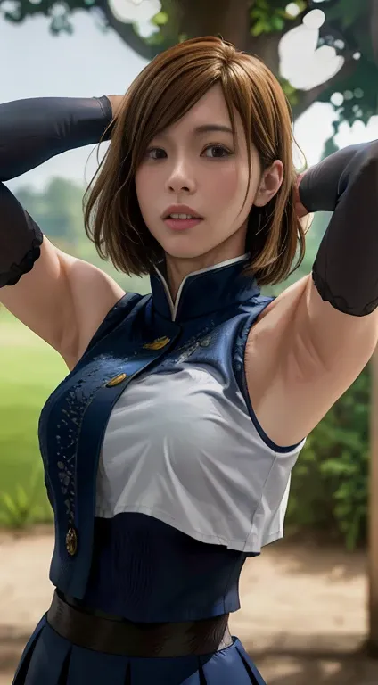 1girl, cowboy shot, beautiful NobaraJK, school_uniform, bangs, jacket, volumetric lighting, best quality, masterpiece, intricate details, tonemapping, sharp focus, hyper detailed, trending on Artstation, realistic, japanese, sleeveless, armpits visible