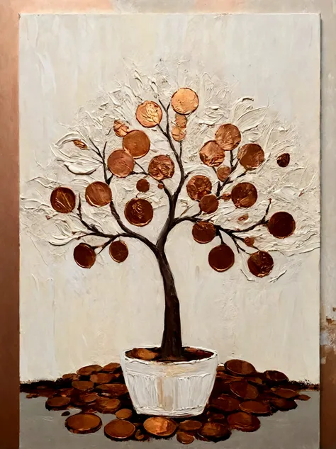 Gilded，Copper Coins，money tree，vanilla，cream，Thick textured paint, whiskey，Abstract Art，emotion，emotion