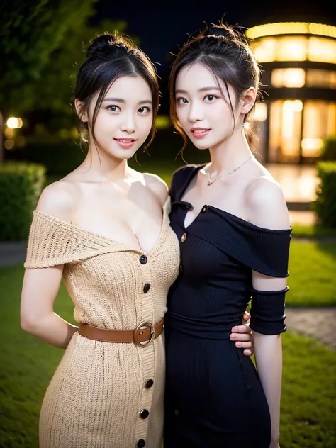 a pair of gorgeous identical twin sisters, age 18, in a light-color and a dark-color Off-Shoulder Knit Midi Dress with Button Details, posing naturally under night sky, dimpled smile, short straight hair, ponytail, cute snaggleteeth, well-endowed round bos...