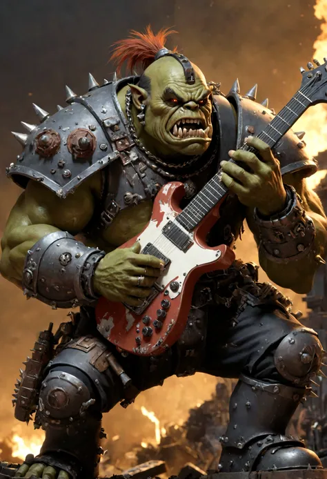 warhammer ork guitarist, (huge, muscled, battle scarred, wastelander scrap armor), very aggressively performing
