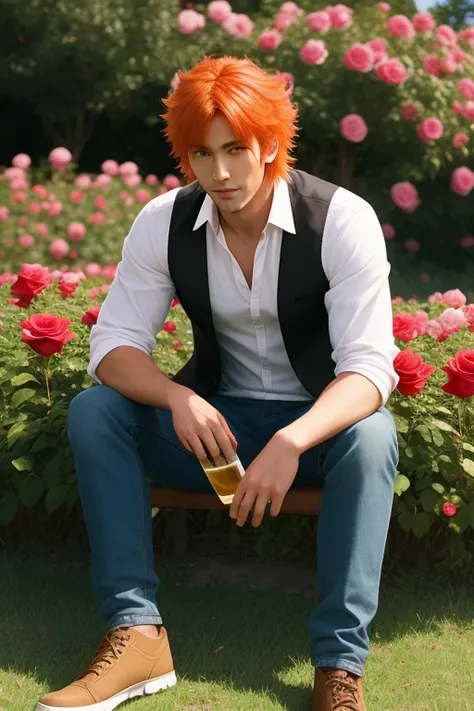 full body photorealistic handsome Hunky orange haired Ichigo, sitting on rose field 