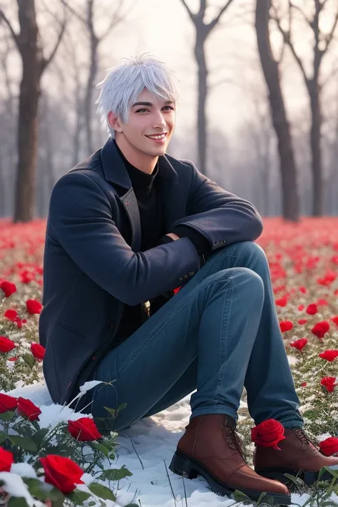 full body photorealistic handsome Hunky celestial Jack Frost, sitting on winter rose field smiling 