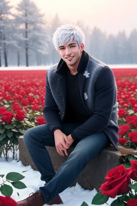 full body photorealistic handsome Hunky celestial Jack Frost, sitting on winter rose field smiling 