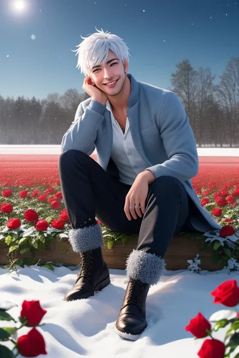 full body photorealistic handsome Hunky celestial Jack Frost, sitting on winter rose field smiling 