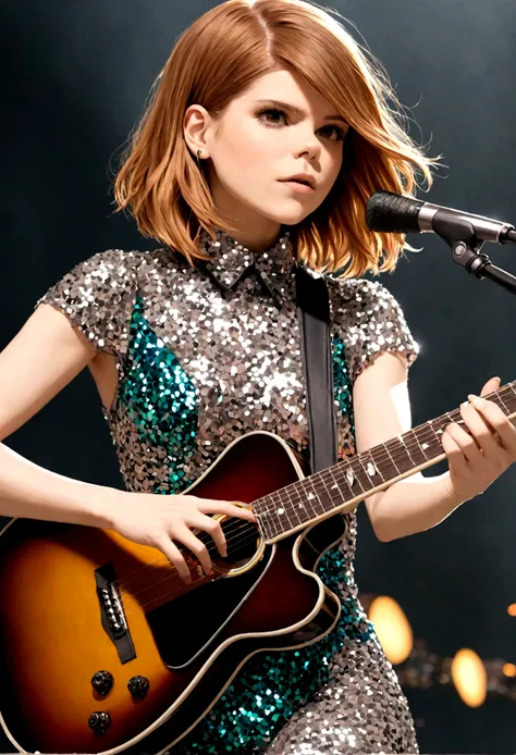 (Kate Mara (age 25), racy sequined outfit lots of skin showing, color coordinated guitar, doing a power ballad on guitar, show all of her