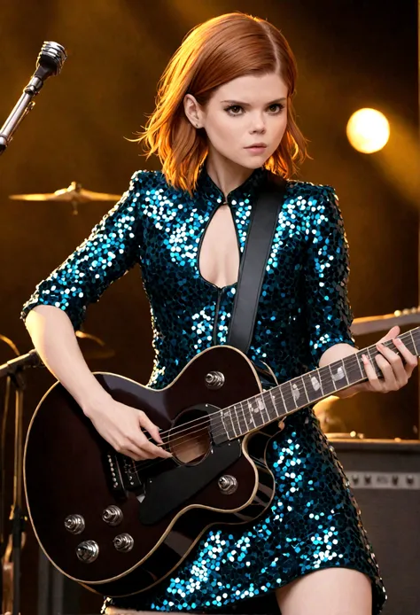 (Kate Mara (age 25), racy sequined outfit lots of skin showing, color coordinated guitar, doing a power ballad on guitar, show all of her