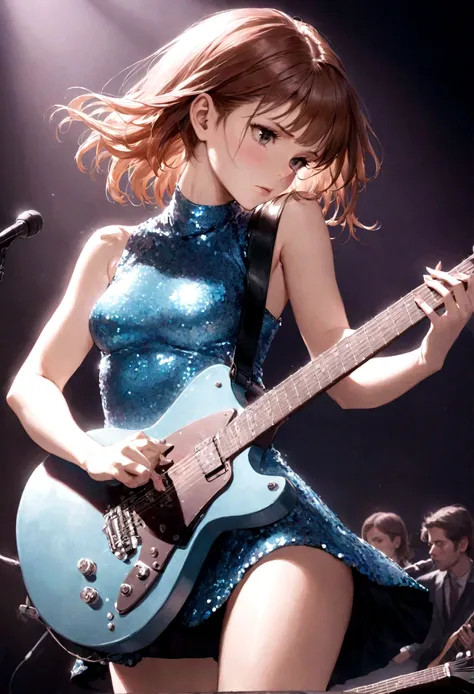 (Kate Mara (age 25), racy sequined outfit lots of skin showing, color coordinated guitar, doing a power ballad on guitar, show all of her
