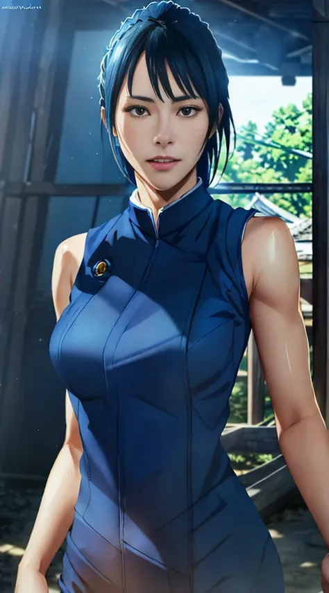 1girl, cowboy shot, beautiful, maki zenin, blue uniform, bangs, volumetric lighting, best quality, masterpiece, intricate details, tonemapping, sharp focus, hyper detailed, trending on Artstation, realistic, japanese, sleeveless, armpits visible