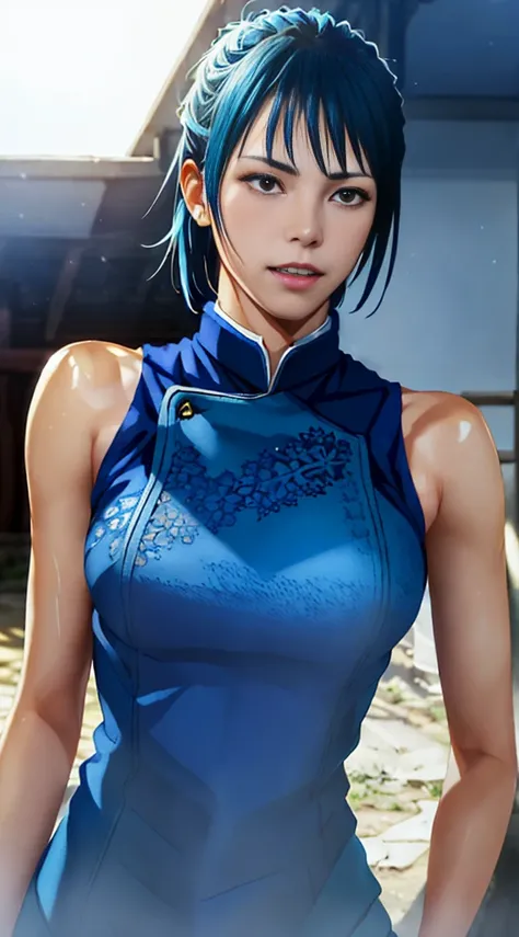 1girl, cowboy shot, beautiful, maki zenin, blue uniform, bangs, volumetric lighting, best quality, masterpiece, intricate details, tonemapping, sharp focus, hyper detailed, trending on Artstation, realistic, japanese, sleeveless, armpits visible