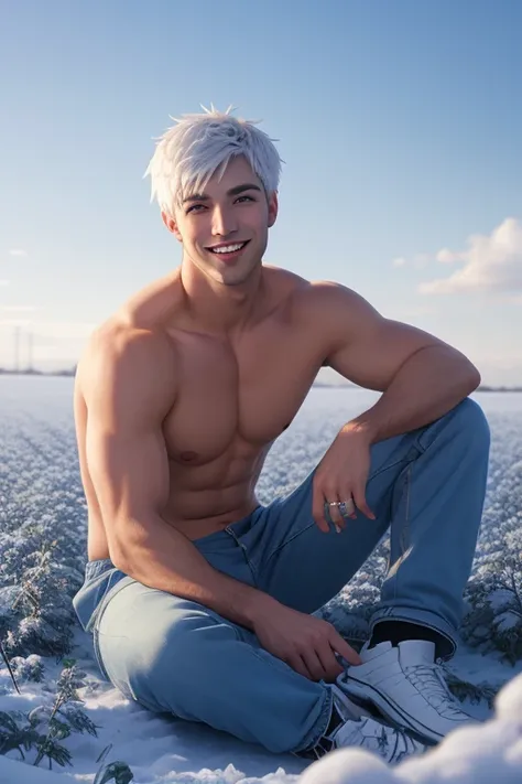 full body photorealistic handsome Hunky celestial shirtless Jack Frost, sitting on winter blue rose field smiling 