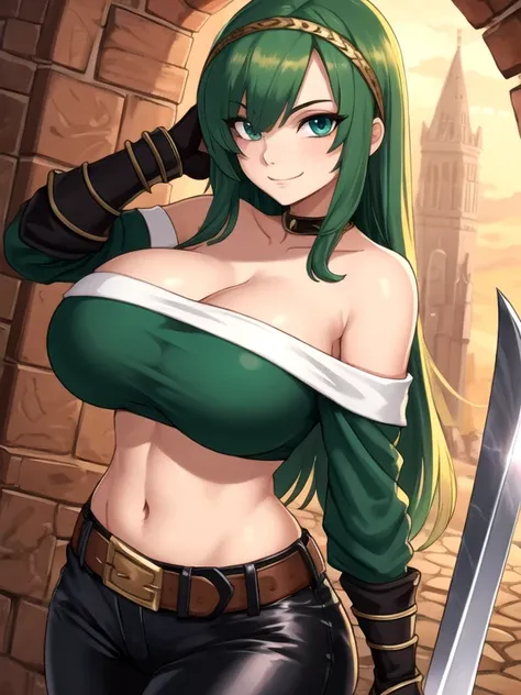 ((Best quality)), ((Masterpiece)), (detailed), (4K quality), (Detailed face:1.2), (Detailed eyes:1.2), (Perfect figure:1.2), perfect face perfect figure, Female Knight, medieval setting, Middle Ages, long green hair, headband, strapless, off shoulder, crop...