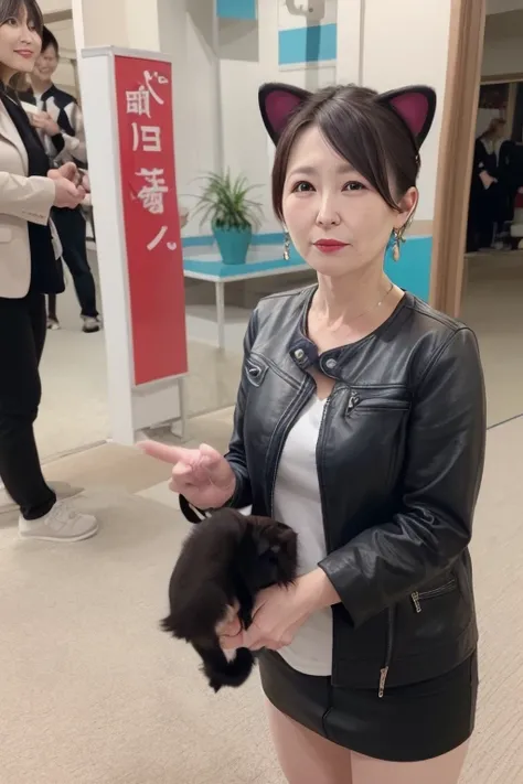 55 year old mature Japanese woman, Beautiful woman, Married women, Fine Lines, Long eyelashes, , (((Cat ear))), Heavy Metal, leather jacket, mini skirt, short hair, Black eyeshadow, Black Lips, Earrings, whole body, (((whole body強調))),