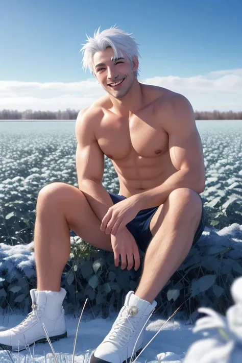 full body photorealistic handsome Hunky celestial shirtless white haired Jack Frost, sitting on winter blue rose field smiling 