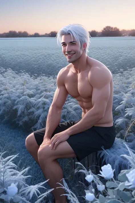 full body photorealistic handsome Hunky celestial shirtless white haired Jack Frost, sitting on winter blue rose field smiling 